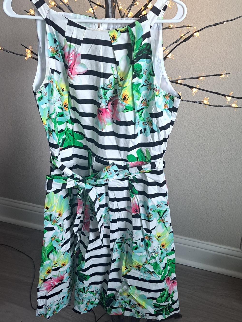 Chetta B Black & White Stripe Floral Tie-Waist Dress